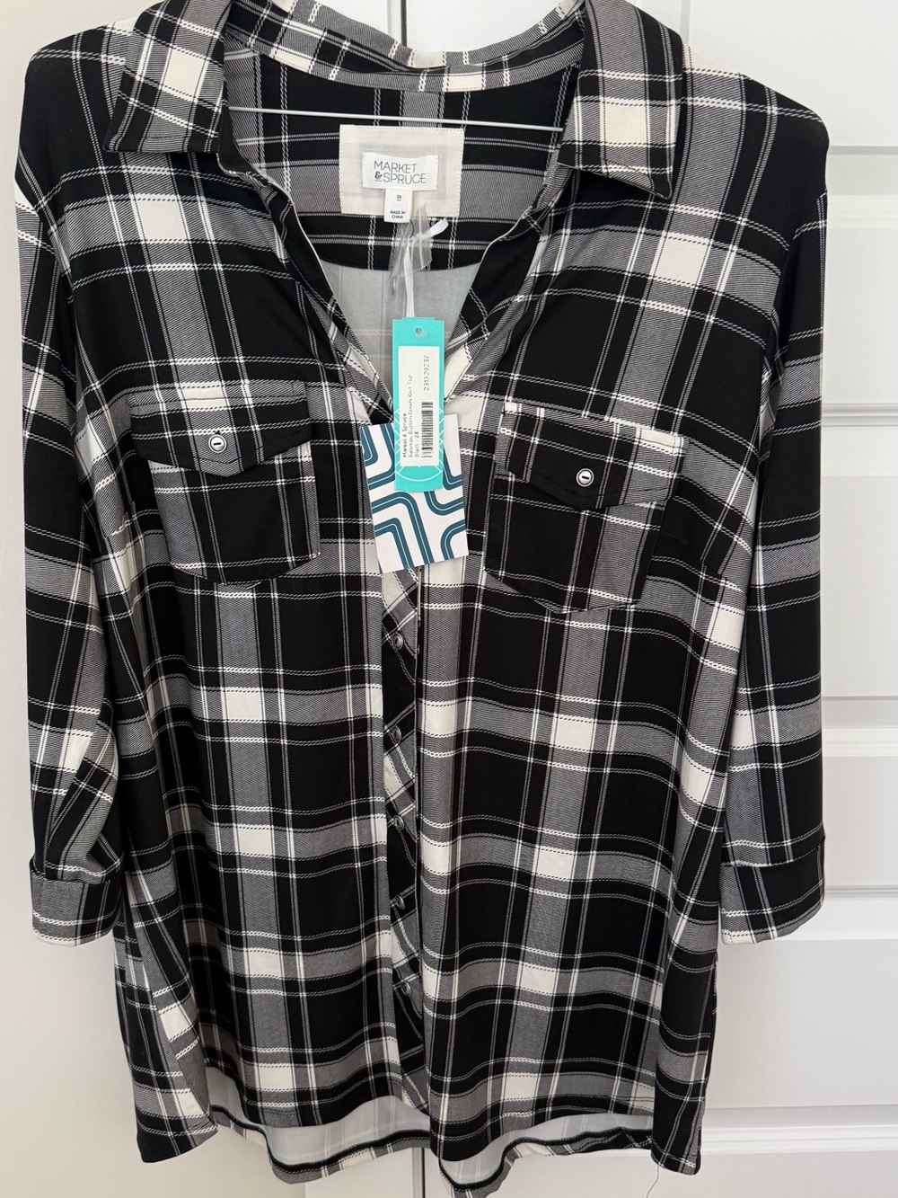 Women’s Plus Size  Black and White Plaid Knit Button Down Shirt
